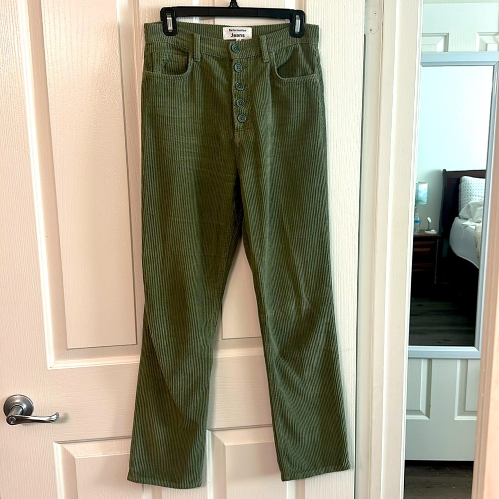 Reformation Olive Green Corduroy Straight-Leg Pants